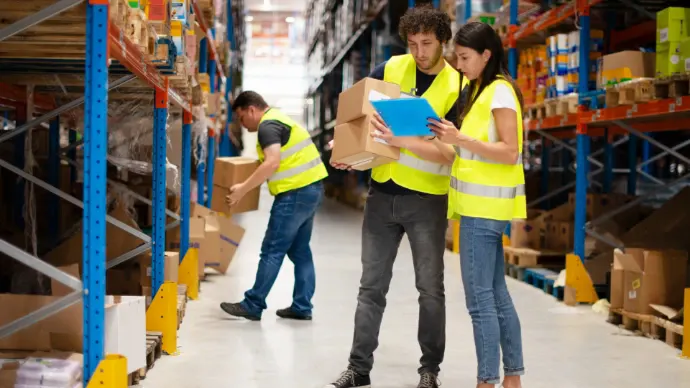 Equipo revisando inventario en una bodega con una tableta
